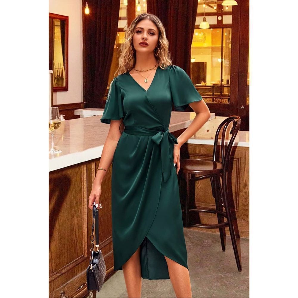 NEW Satin Cocktail Midi Dress Ruched Slit Wedding L NO BELT - Picture 2 of 6
